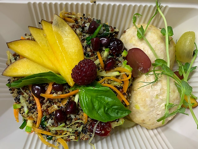 QUINOA WITH SPINACH, VEGETABLES, AND CRANBERRIES SERVED WITH LOVE CUTLETS