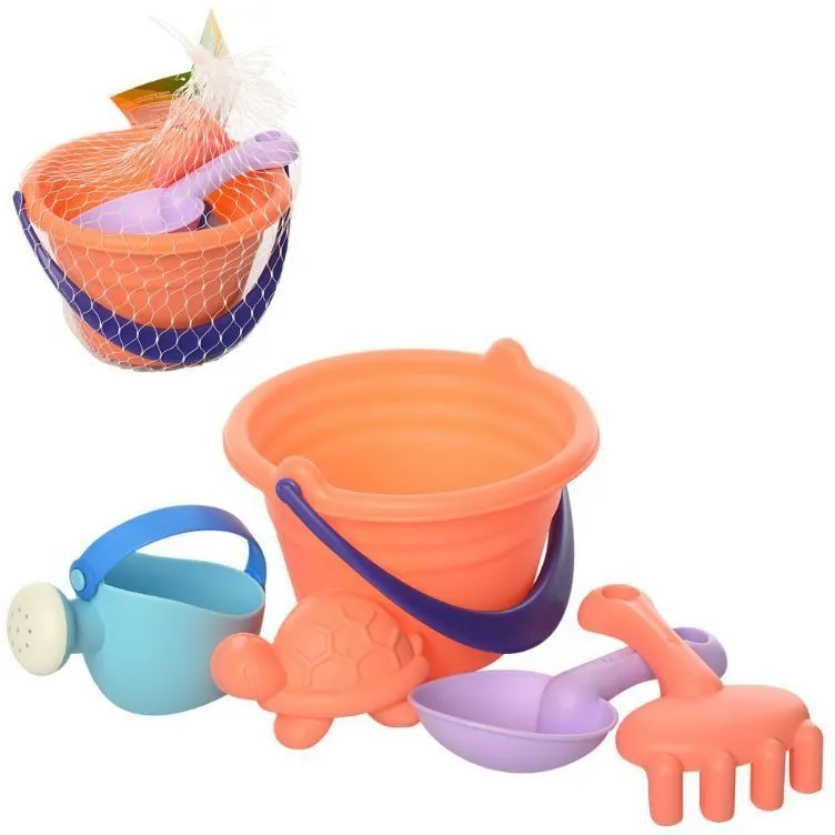 Набір для пісочниці HG-762 відерце, лопатка, лійка, формочка, граблі, м'який, сітка, 15-18-12 см.