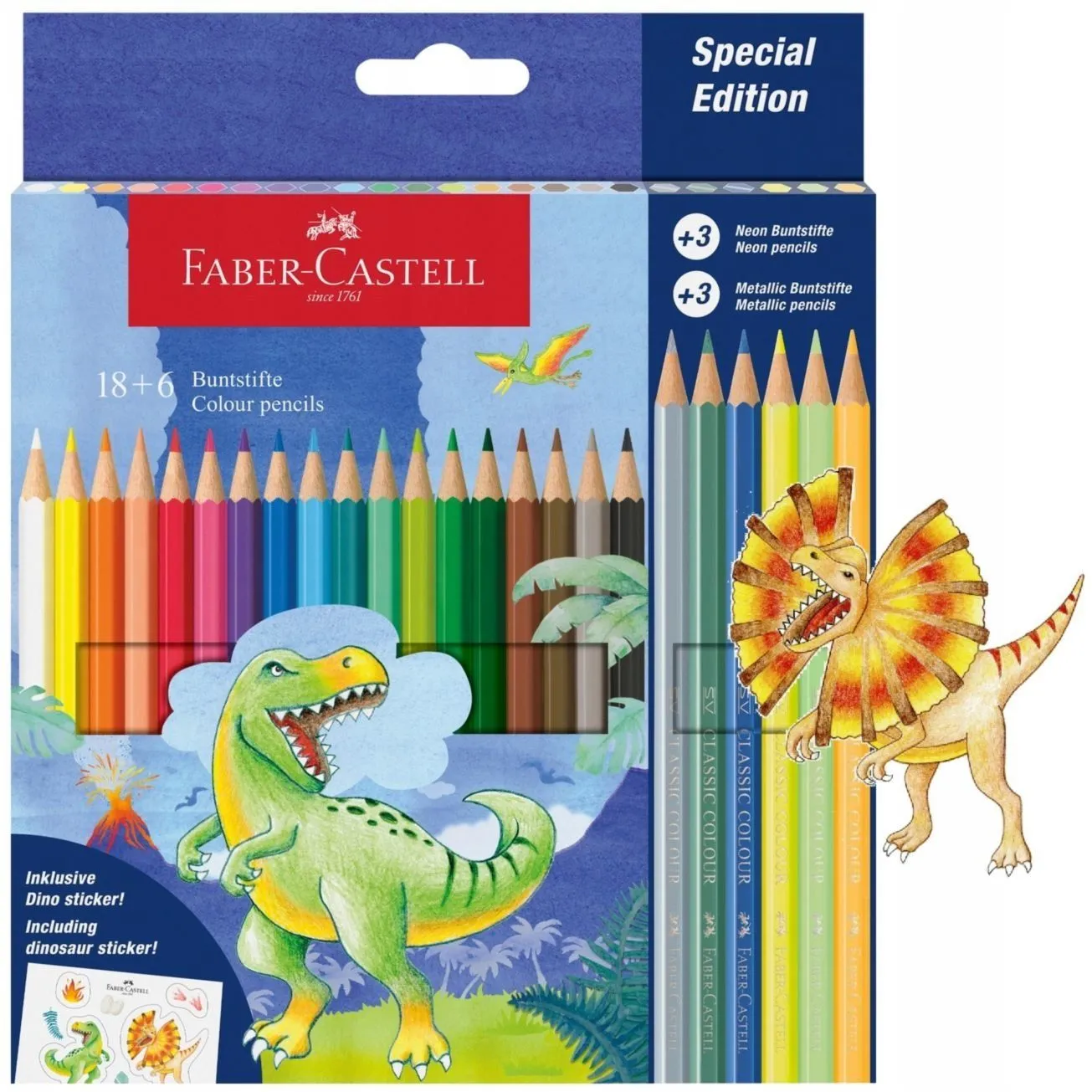 111222 КОЛЬОРОВІ ОЛІВЦІ 18КОЛ.+3КОЛ. METALLIC +3КОЛ. NEON "DINO" КАРТОН.УПАК.