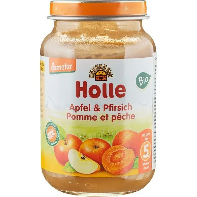 Дитяче харчування "Яблуко і персик" пюре органічне (з 5 місяців) 190г, Holle