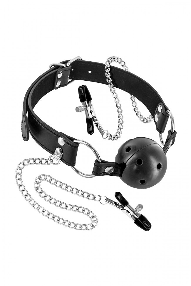 Повітропроникний кляп з затискачами для сосків Fetish Tentation Rigid Gag Ball with Nipple Clamps