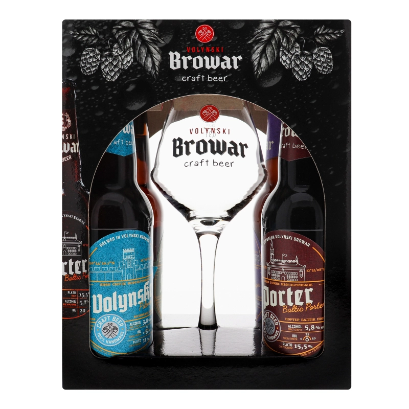 Подарунковий набір крафтового пива [Volynski Browark Weizen / Volynske / Porter / Forest IPA з келихом Sommelier, 4 ? 0,4 л