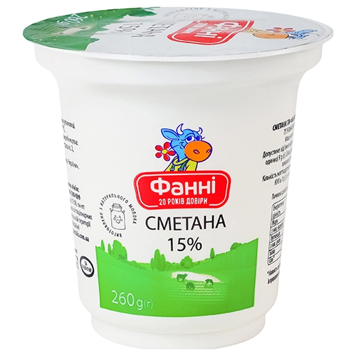 Сметана [Фанніk 15% жиру, 260 г, стаканчик пластиковий