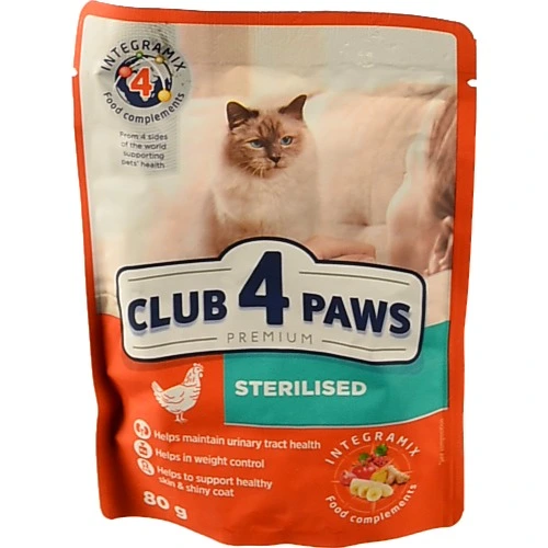 Корм консервований для дорослих стерелізованих котів Sterilised Premium Club 4 Paws д/п 80г