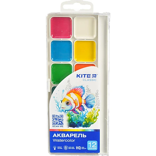 Акварель Kite Classic 12 цв.. б к. пластик