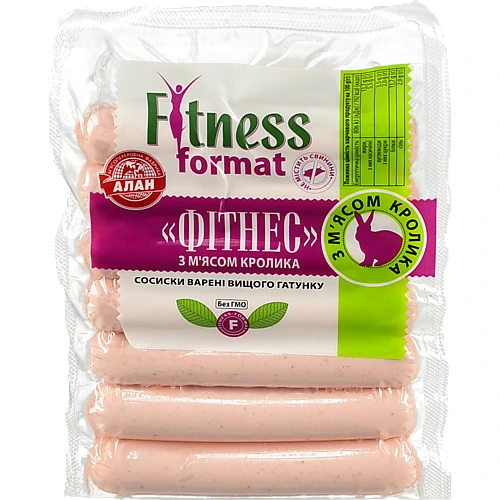 Сосиски [Аланk [Фітнесk з мясом кролика, варені, вищого ґатунку, вакуумна упаковка, 225 г