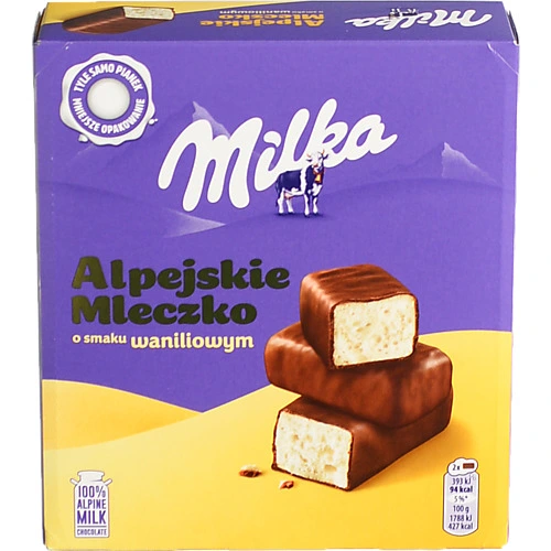 Цукерки глазуровані молочним шоколадом зі збивним корпусом зі смаком ванілі Alpejskie mleczko Milka к/у 330г