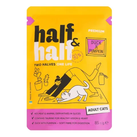 Корм д/котів HalfHalf 85 г з качкою та гарбузом в соусі